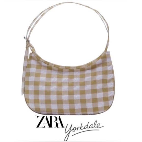 Zara Handbags - ZARA “Satin Effect” Taupe and White Gingham Shoulder Bag